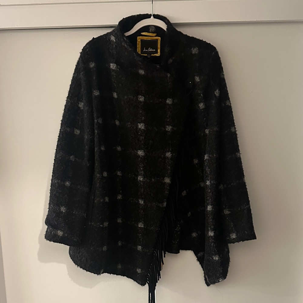 Sam Edelman Black and Gray Checkered Cape Coat